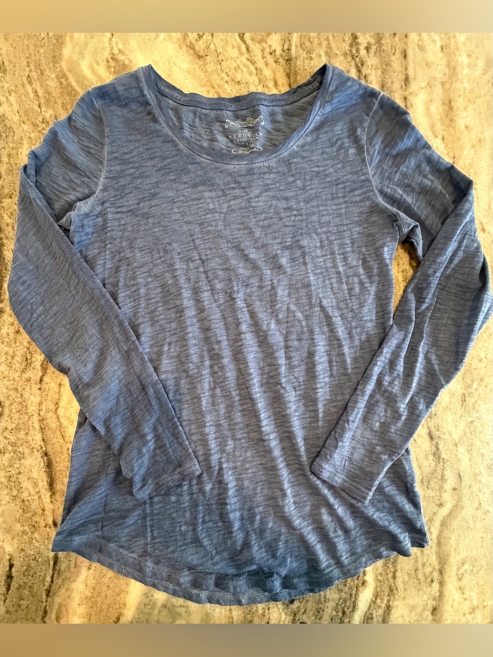 Peruvian Connection Women Small 100% Cotton T-Shirt Washed Blue Long Sleeve Top